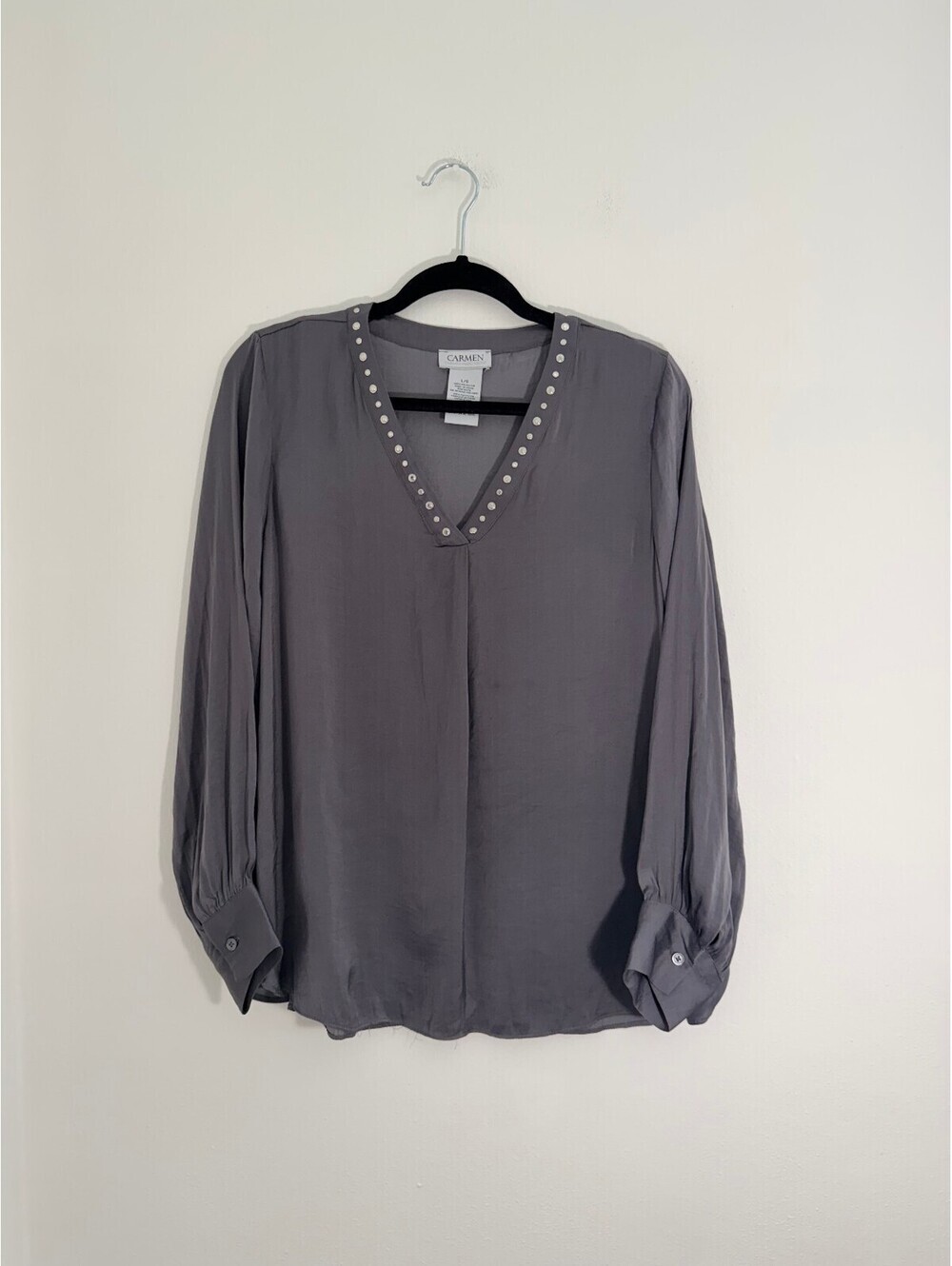 Carmen Gray Embellished V-Neck Long Sleeve Blouse Size L